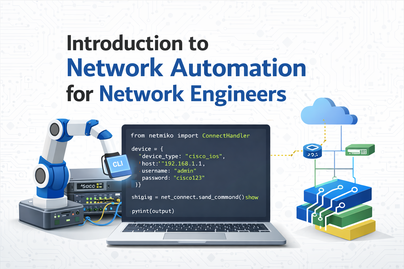 main blog post image for Network Automation for Network Engineer showing an automation laptop with code and a robot arm