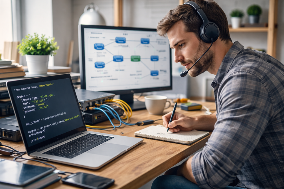 Image showing a man at his laptop with a network topology learning networking with cisco and juniper devices and python networking automation on another screen